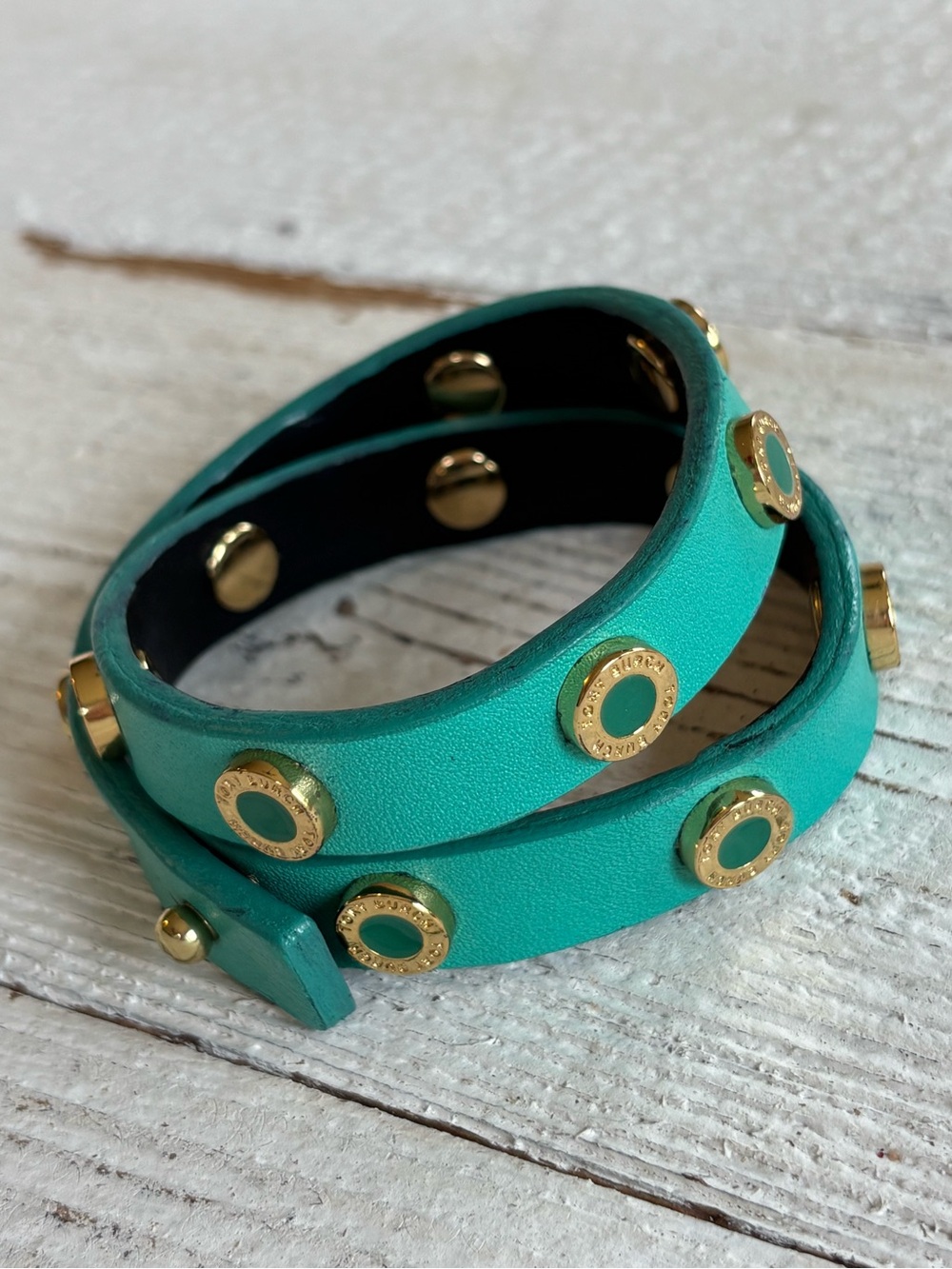 TORY BURCH $128 Teal Double Wrap Leather Stud Bracelet brass leather Boho - Picture 7 of 10